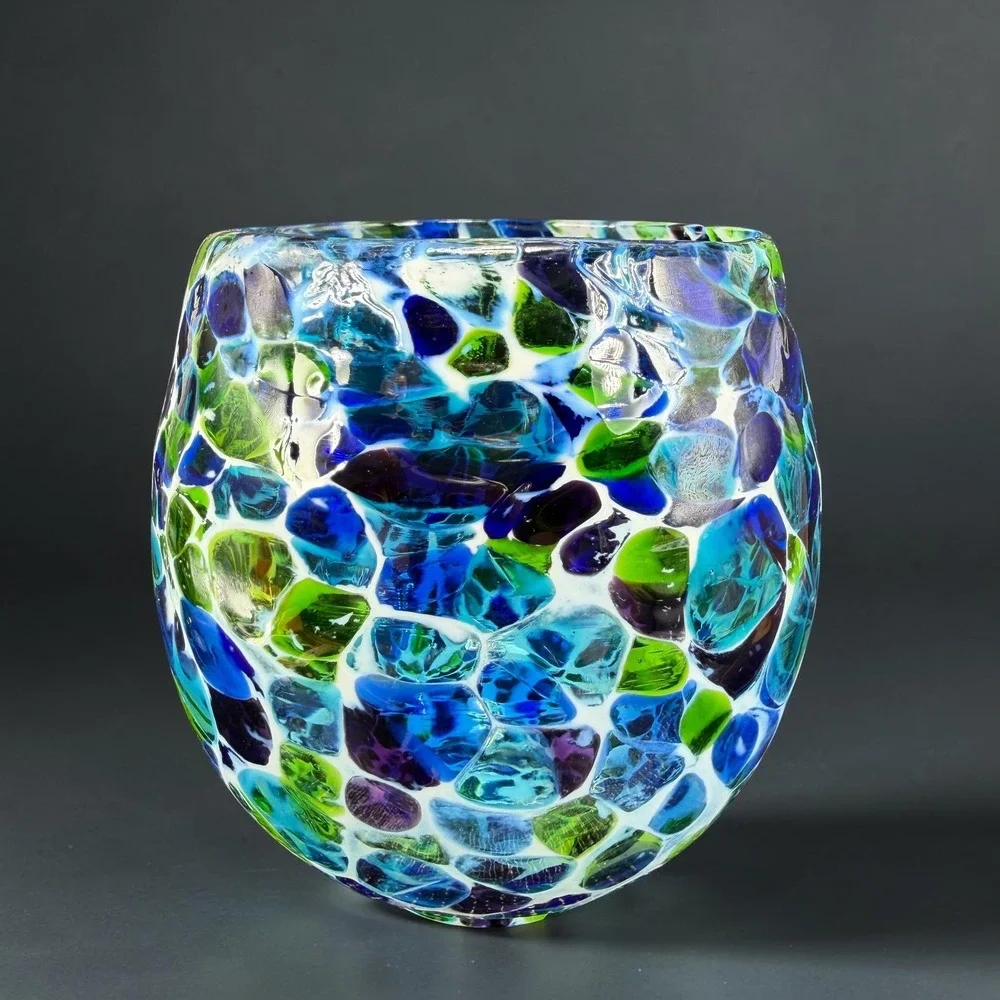 Hand Blown USA Glass Votive Holder Blue Green Purple Confetti Mosaic Cup Glass